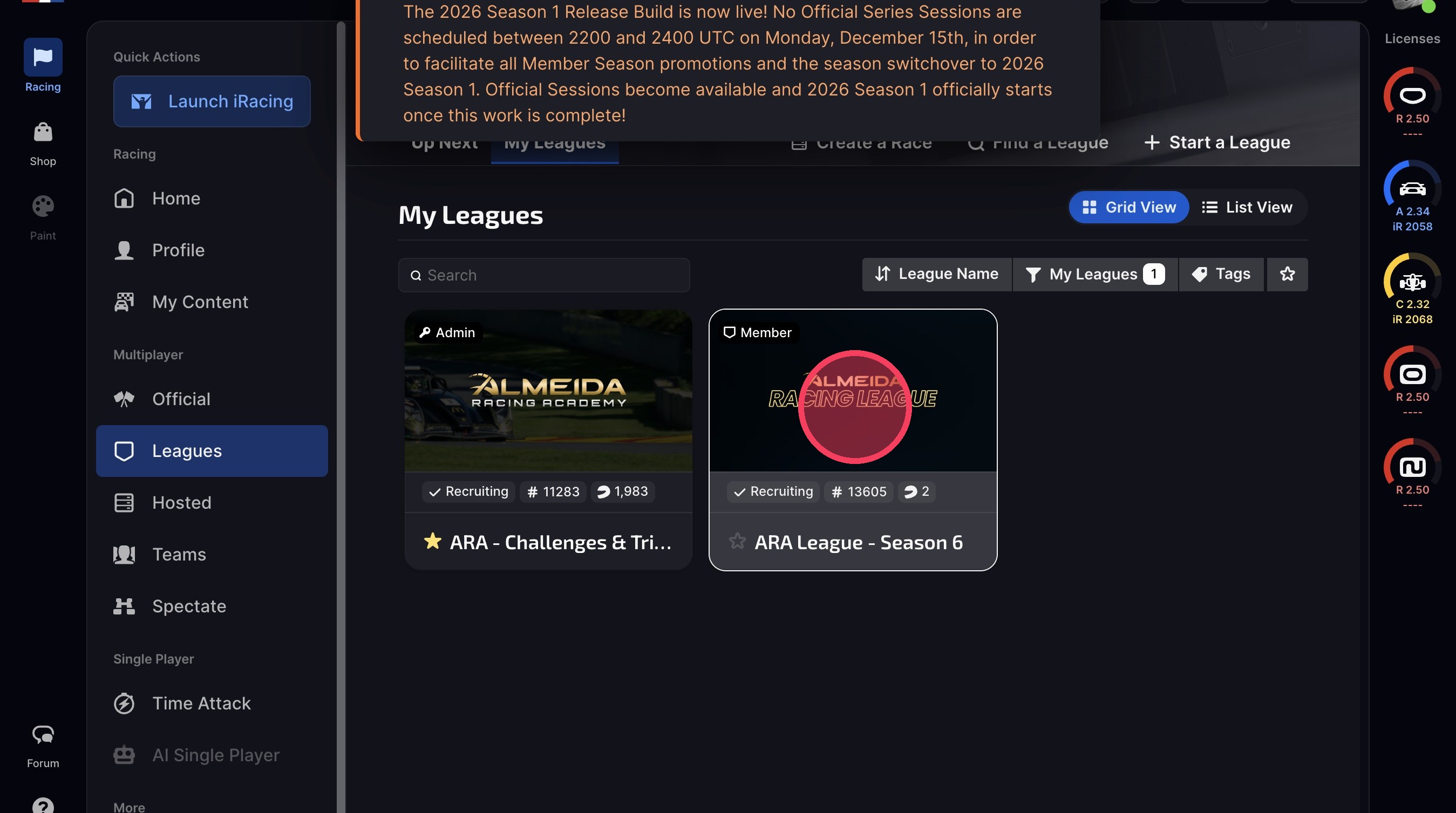 Opening the ARA League season page