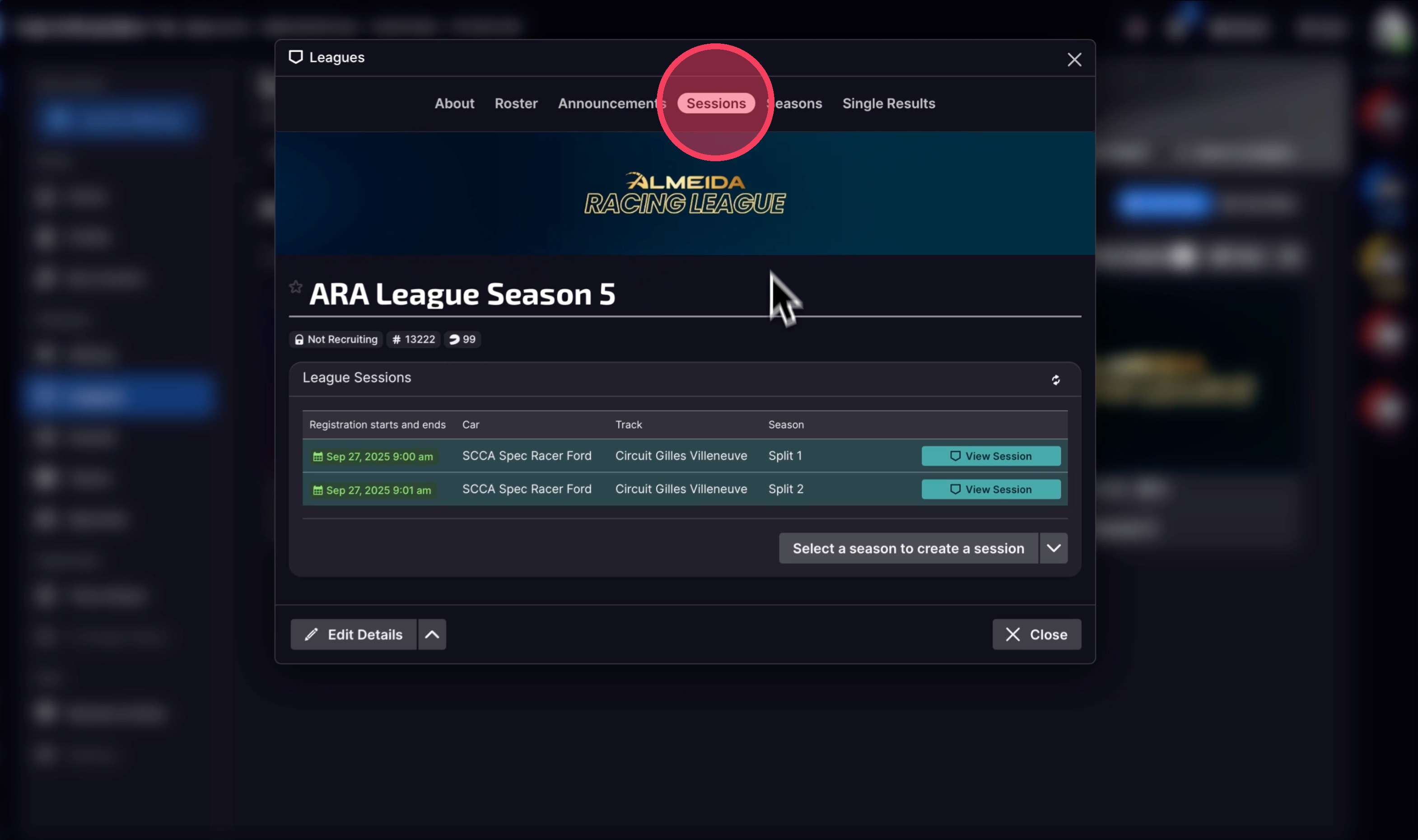 Sessions tab on league page