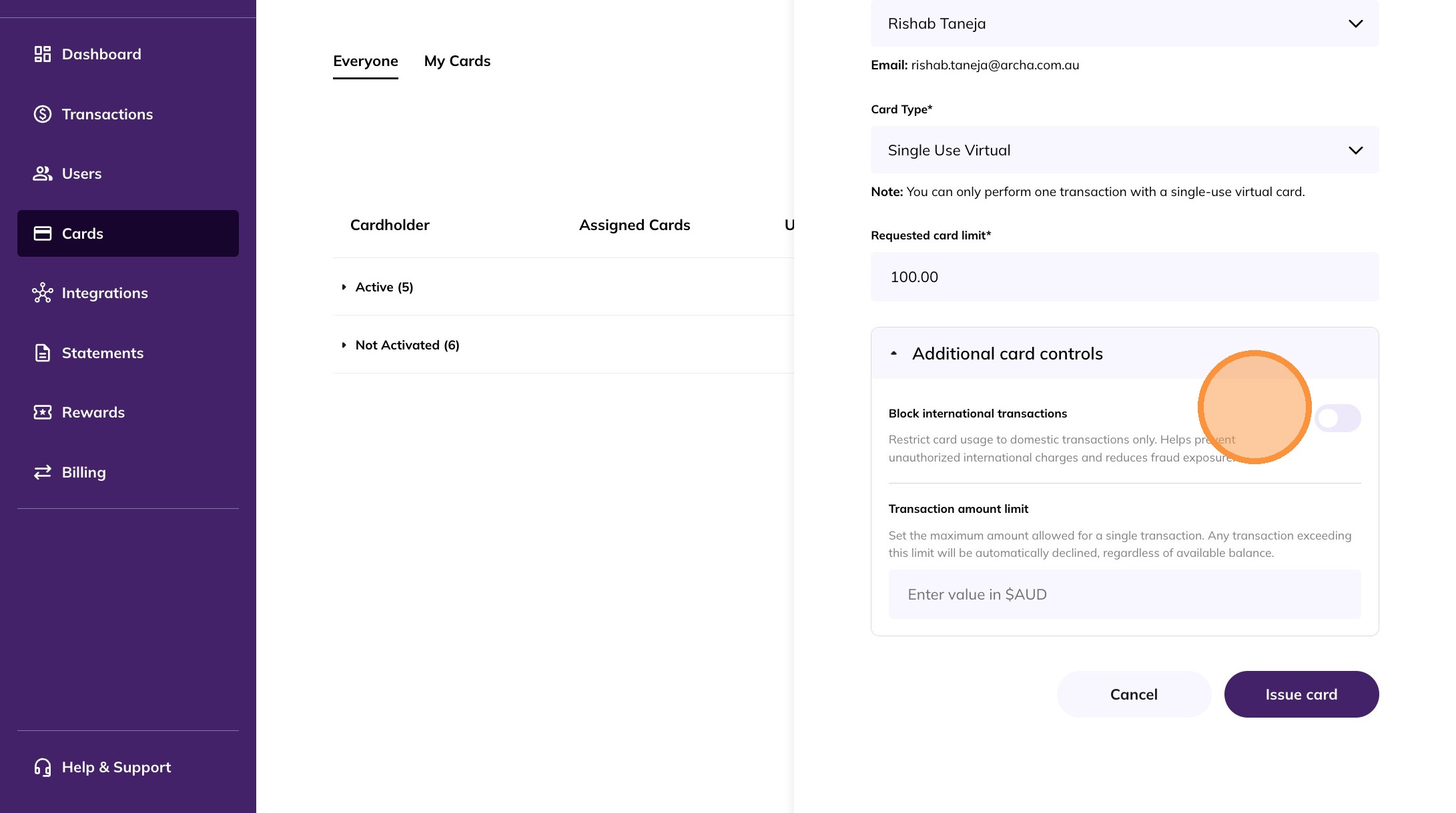 Single-use card restrictions