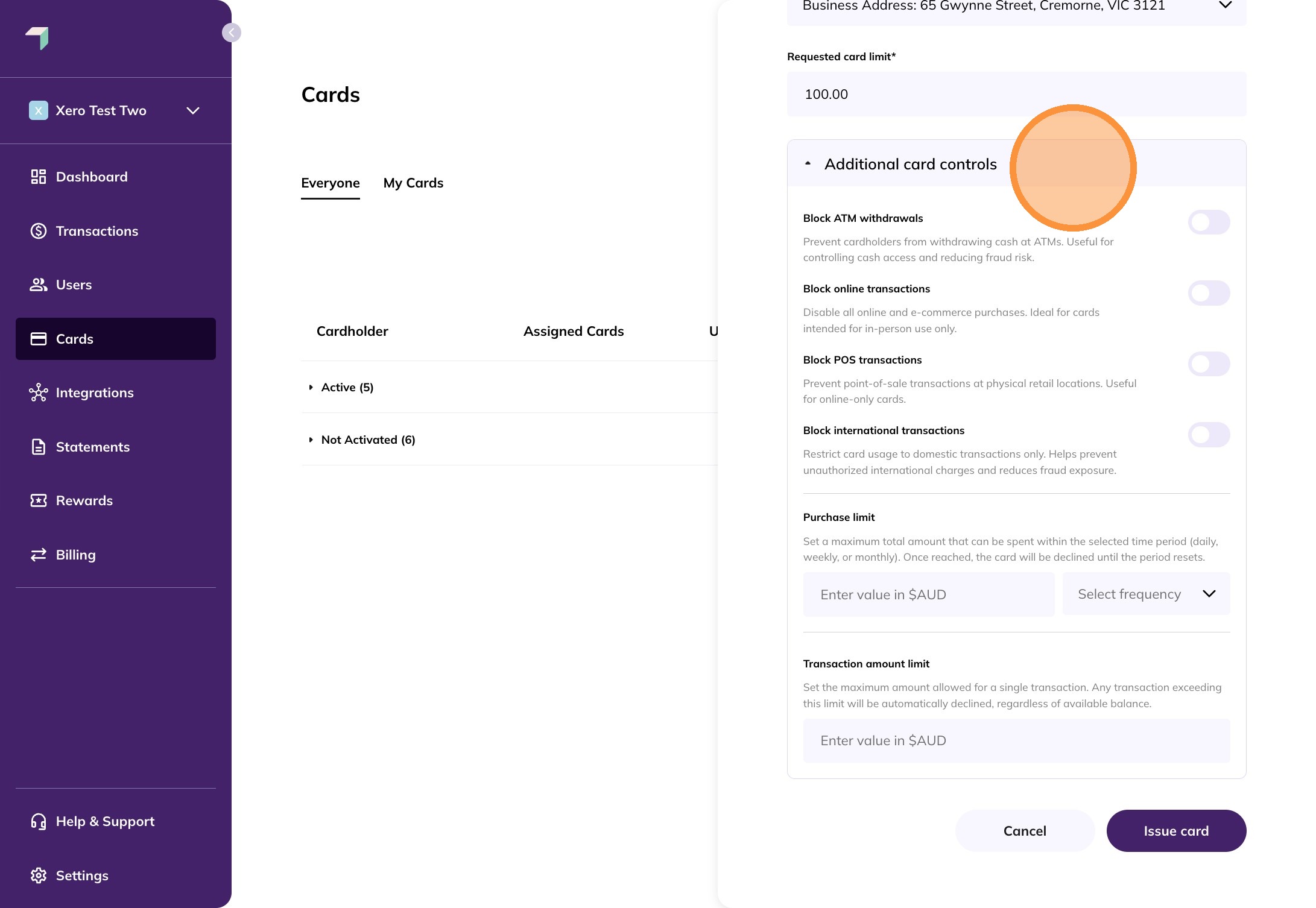 Physical card restrictions