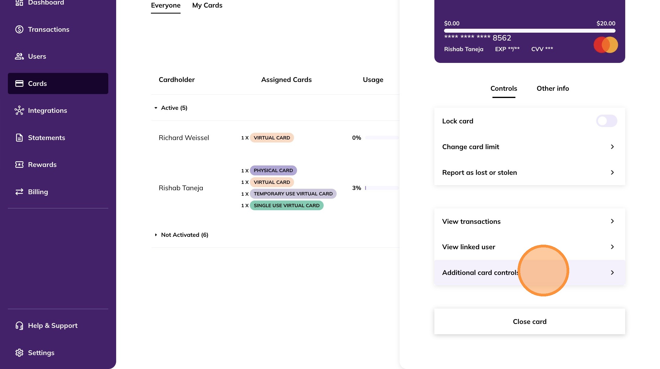 Additional card controls