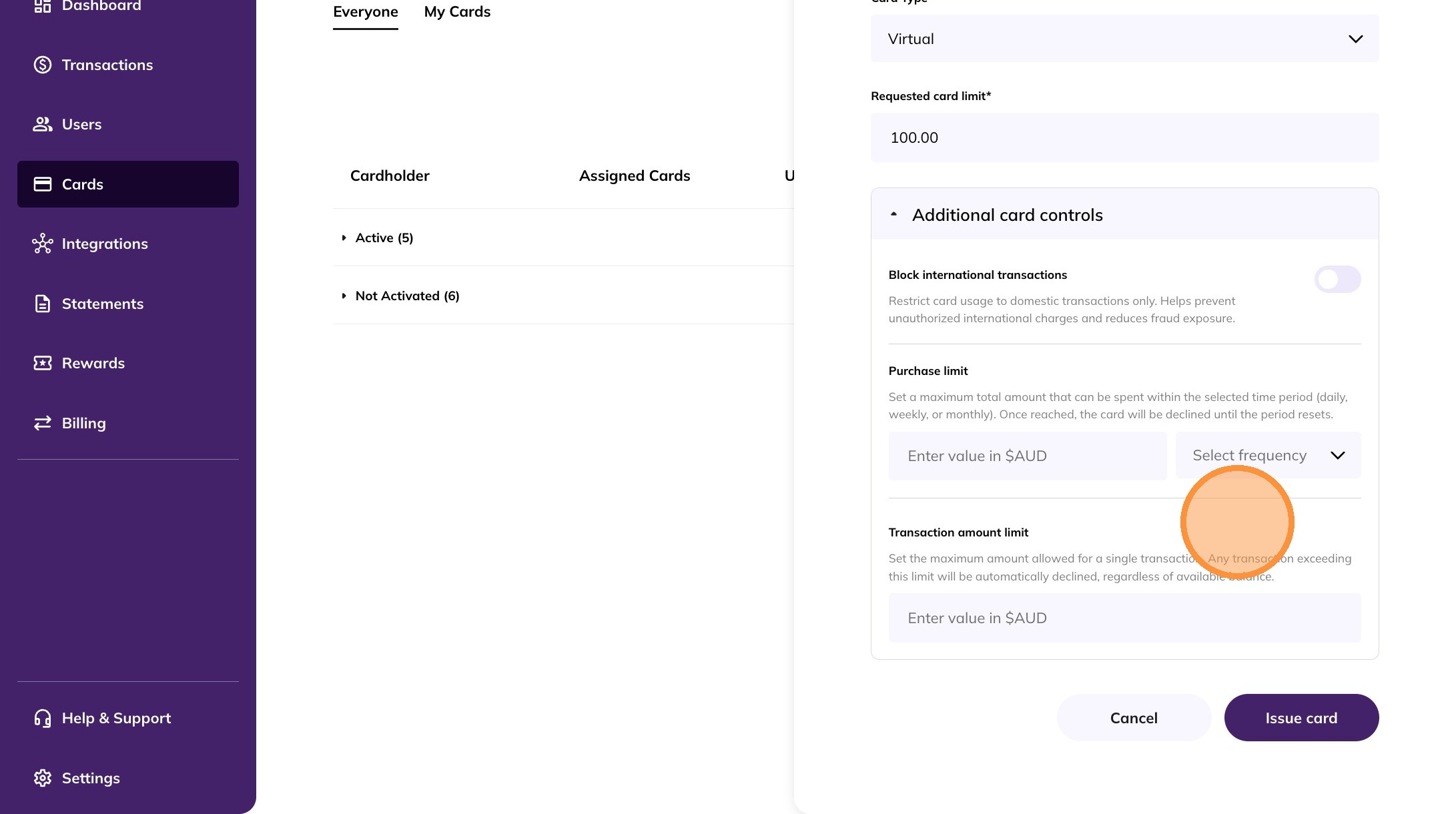 Virtual card restrictions