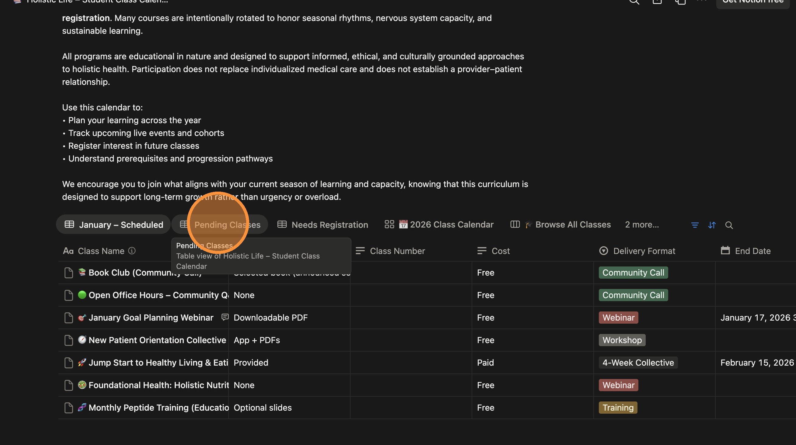 Screenshot showing the 'Pending Classes' section on the calendar.
