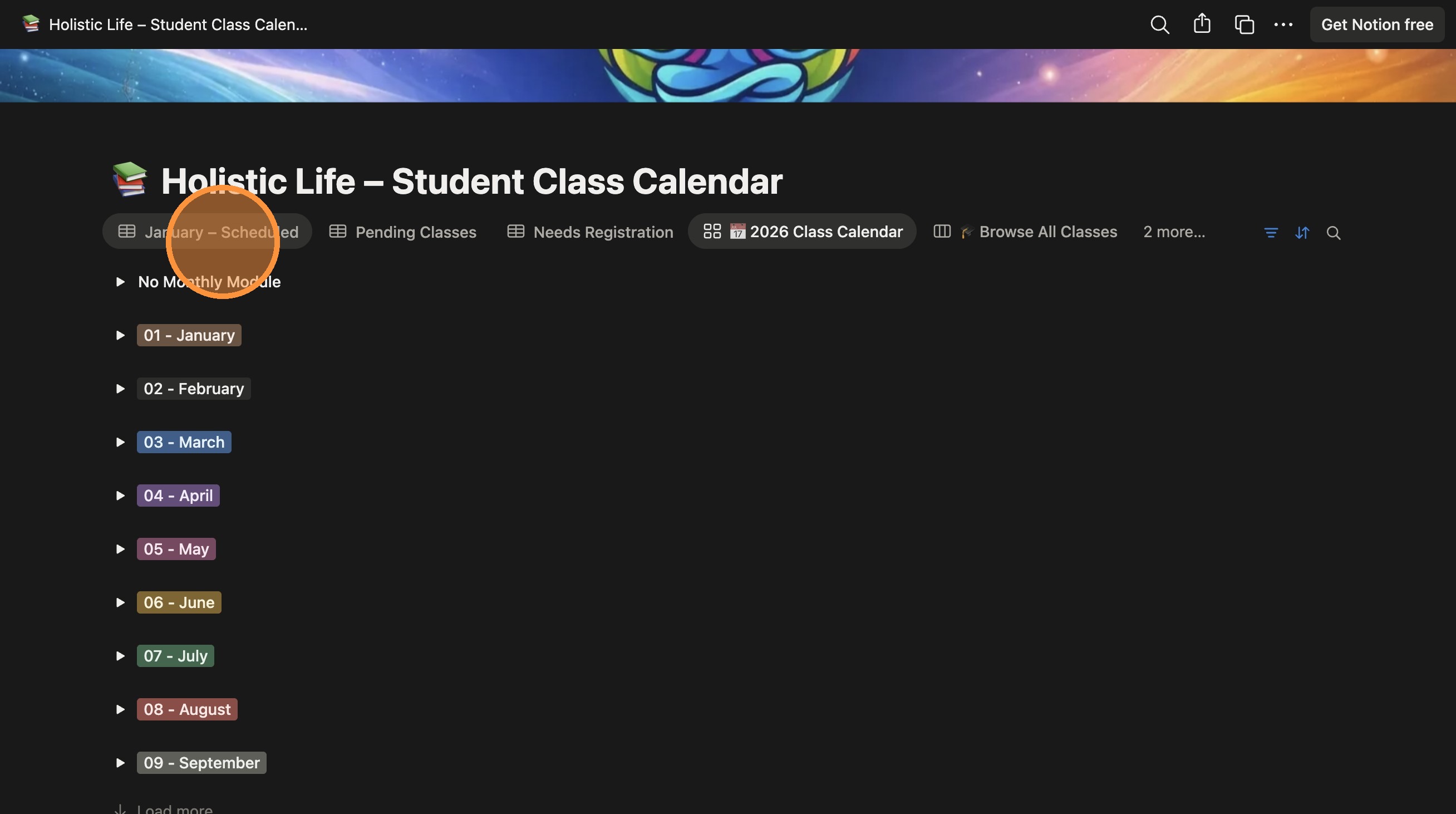 Screenshot showing the 'January – Scheduled' section on the class calendar.
