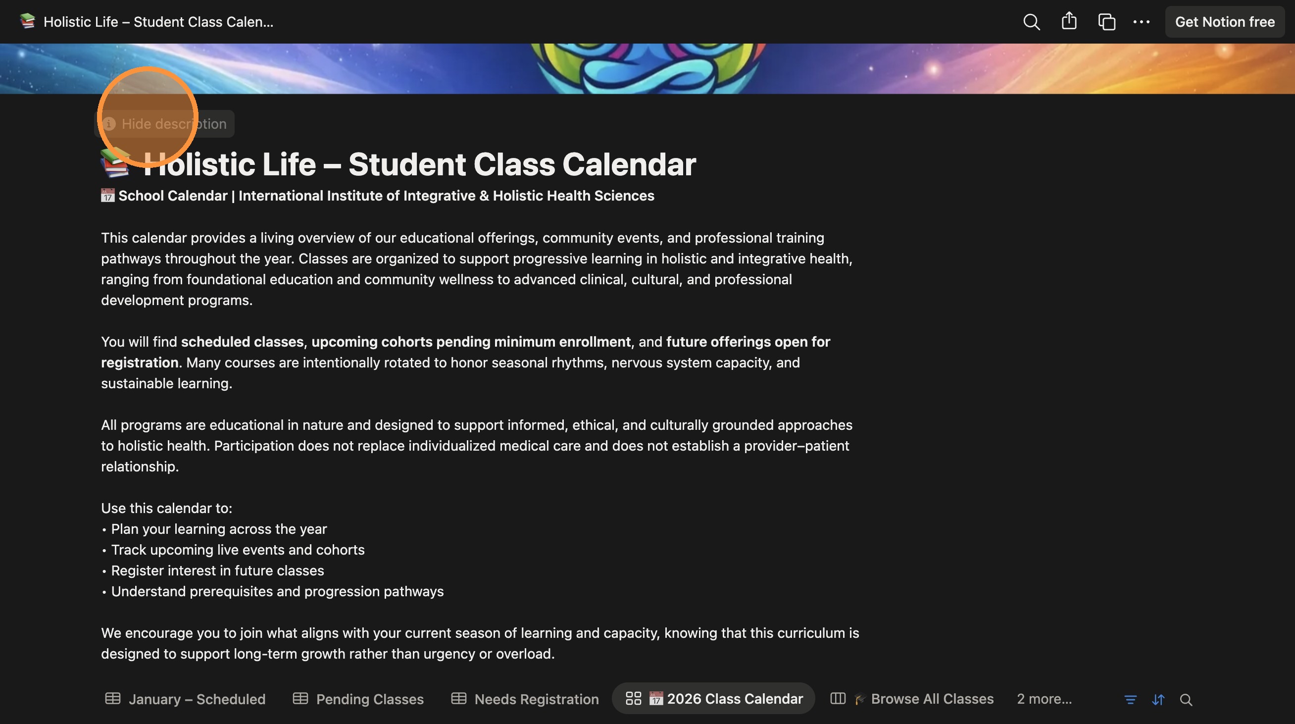 Screenshot showing the 'Hide description' option on the class calendar page.