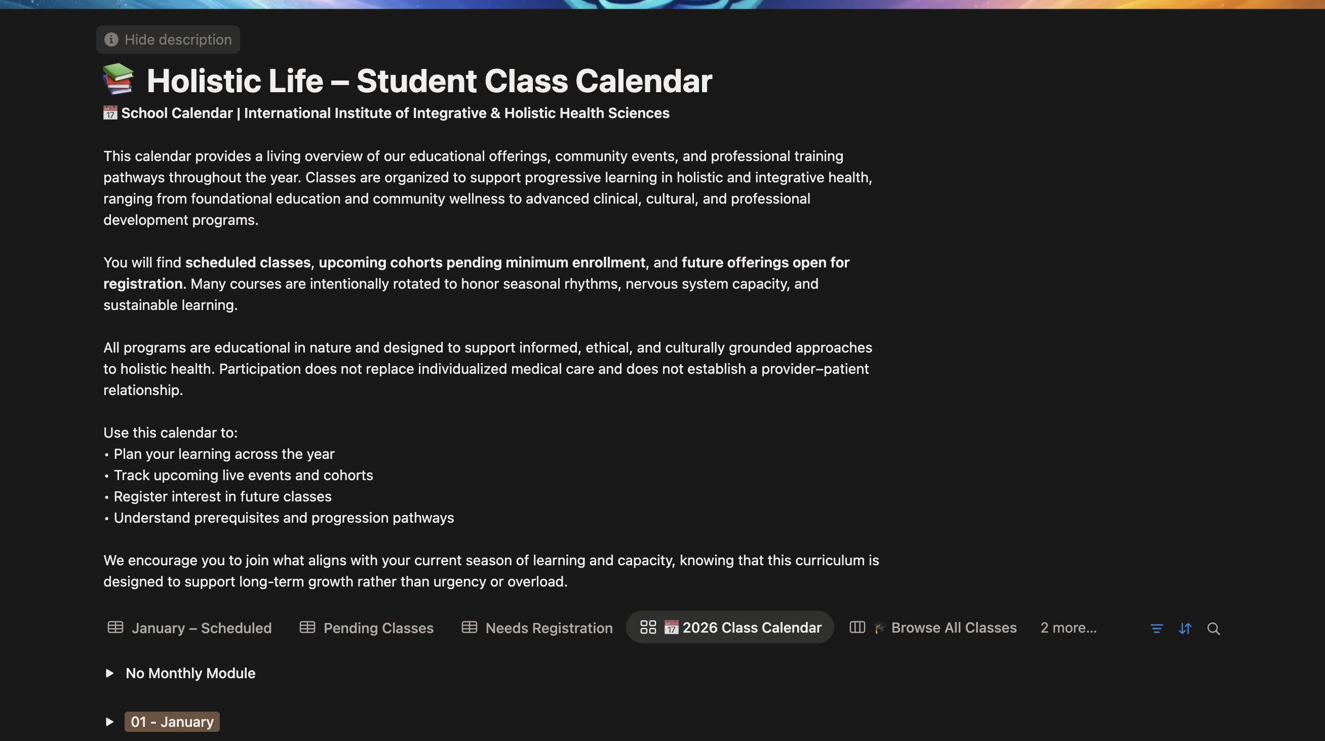 Screenshot of the Holistic Life School class schedule page showing the calendar layout.