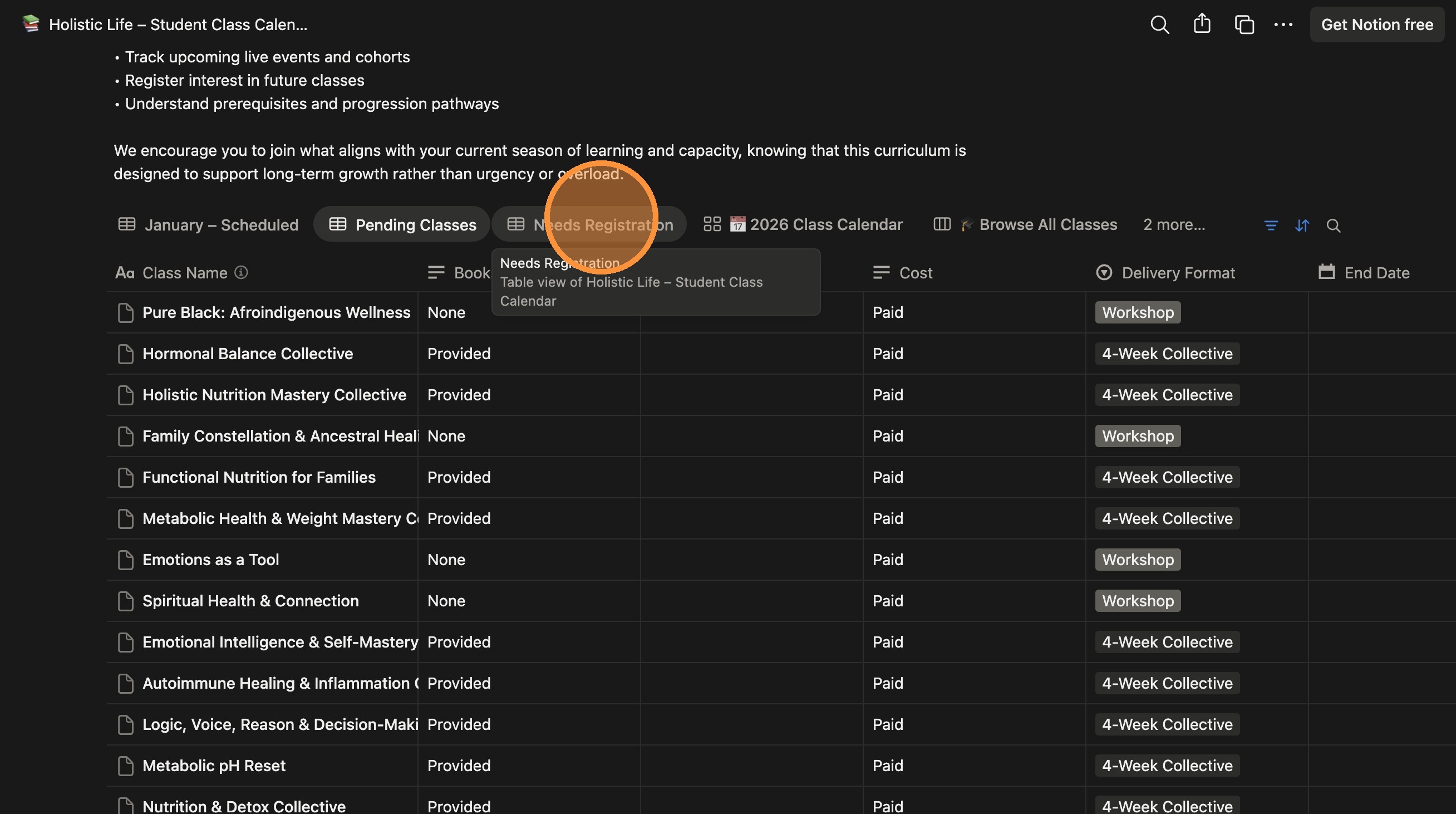 Screenshot showing the 'Needs Registration' section on the calendar.