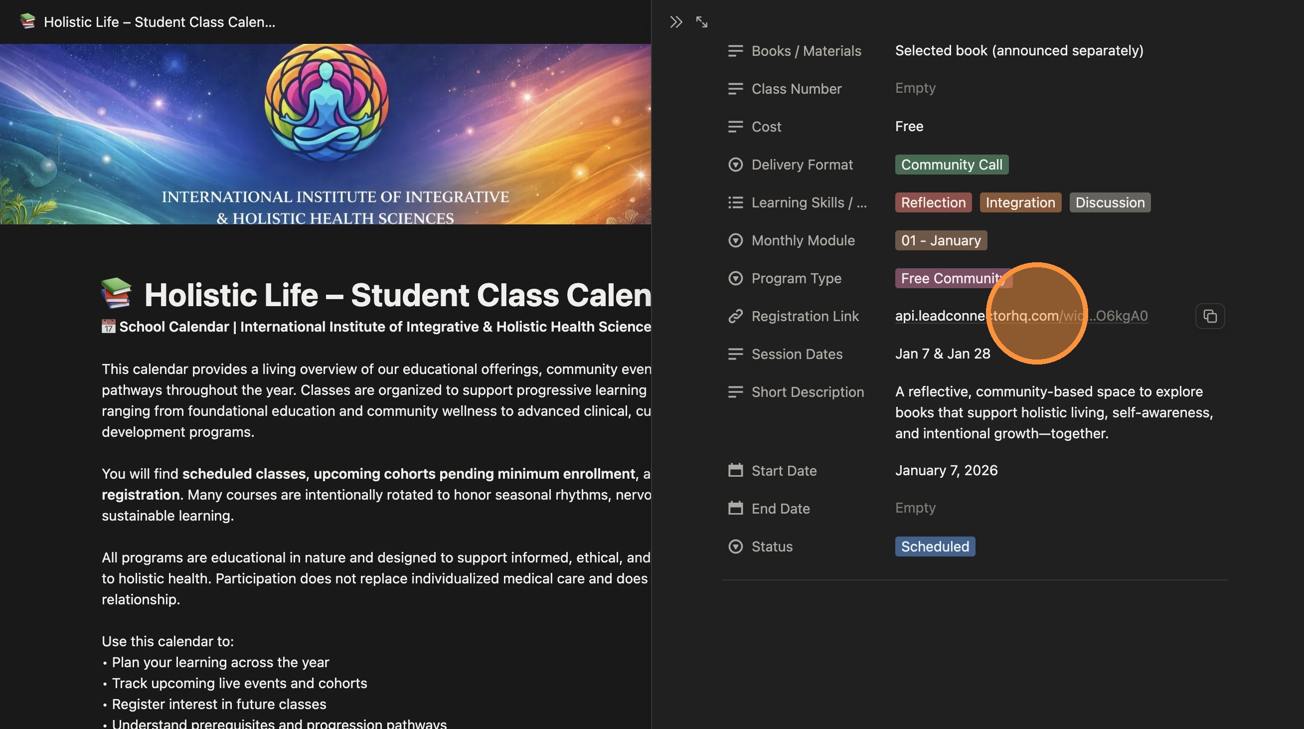 Screenshot showing a class detail panel with a registration or scheduler link.
