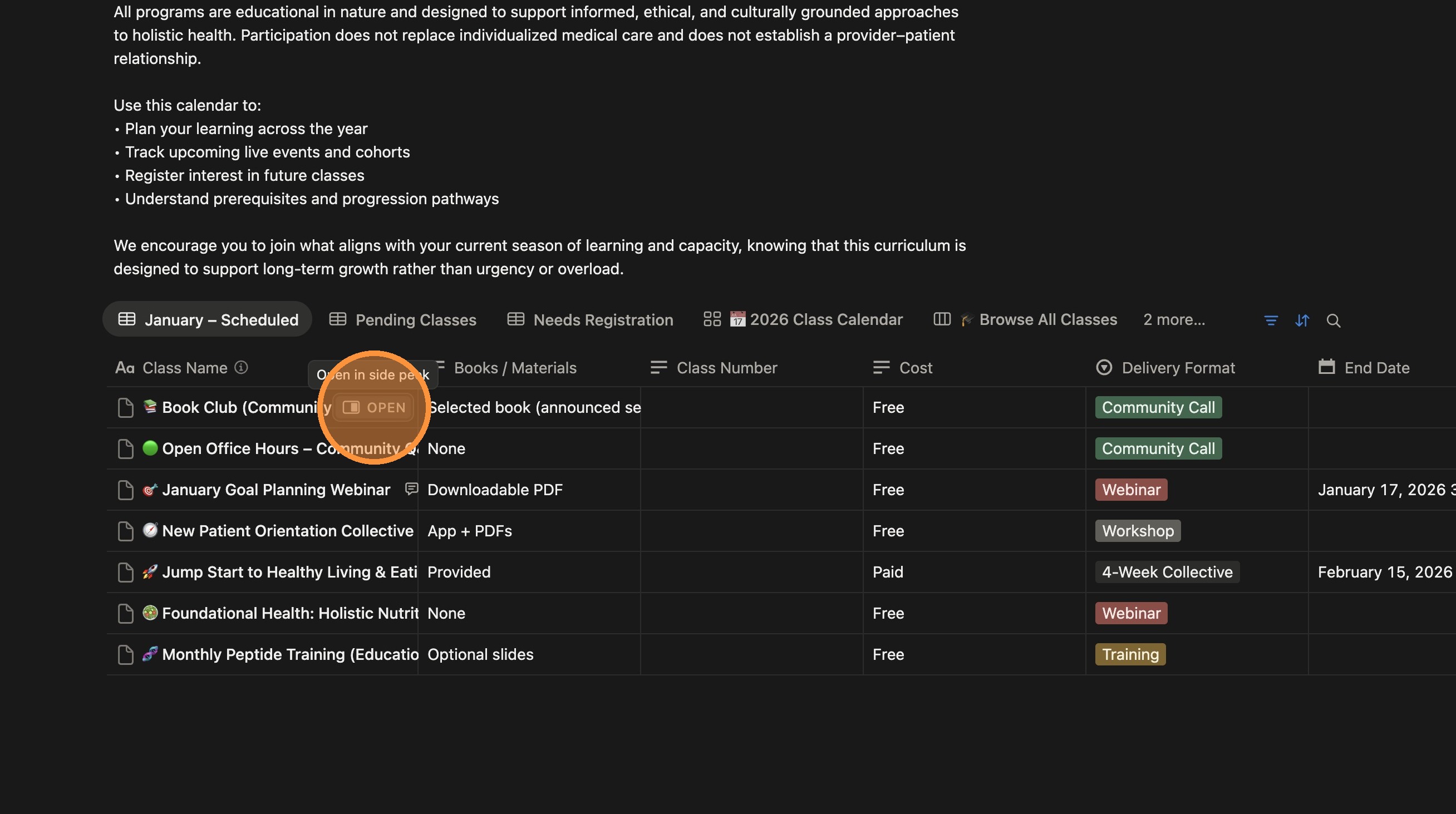 Screenshot showing a class entry with an 'Open' button.