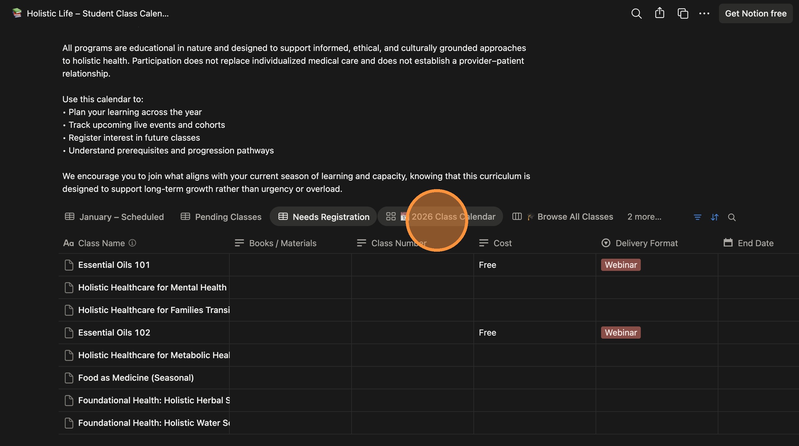 Screenshot showing the '2026 Class Calendar' section.