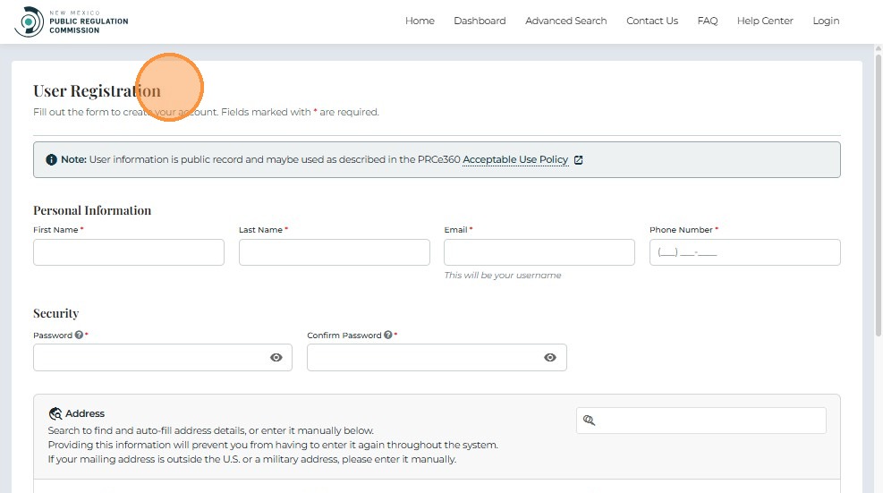 Registration required fields