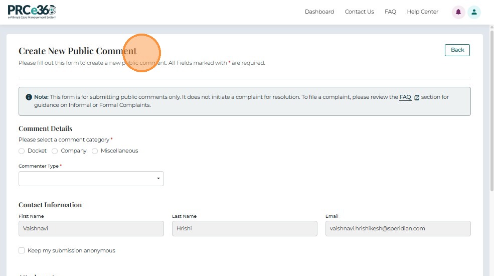 Select comment category options