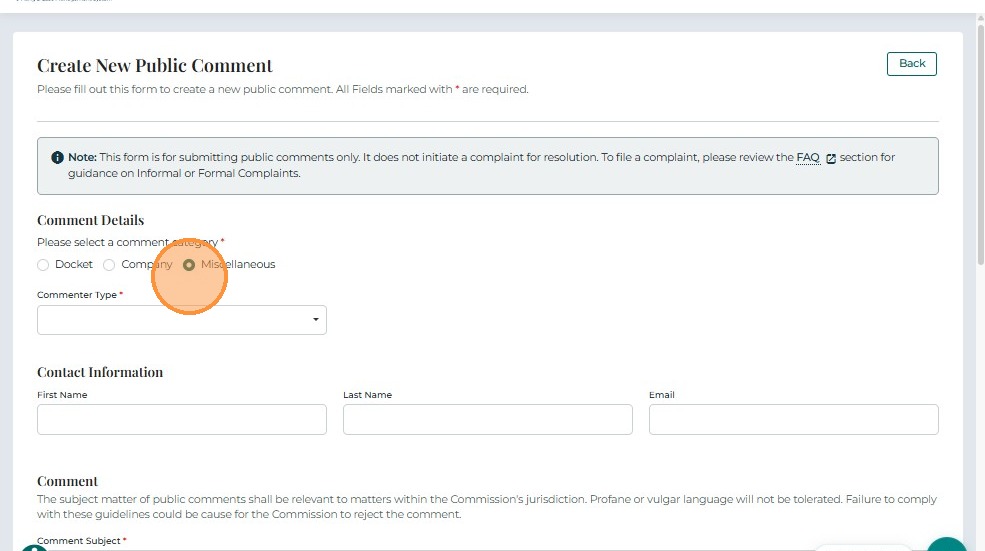 Miscellaneous comment type selection