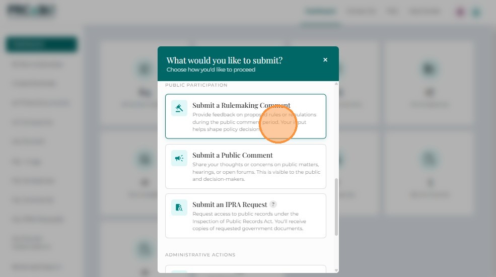 Create New Rulemaking Comment screen