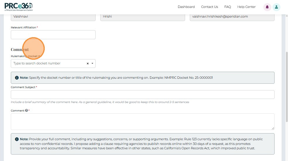Rulemaking docket and comment section fields