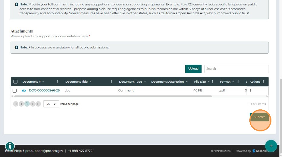 Submit rulemaking comment confirmation
