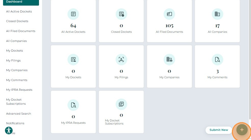 Submit New menu options from dashboard