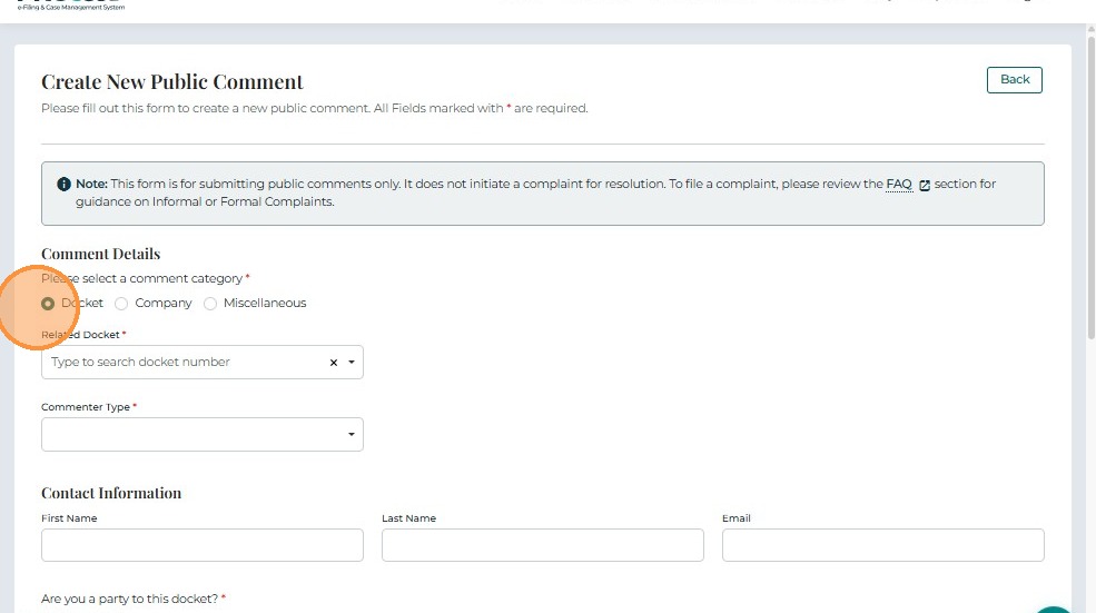 Docket or Company category fields