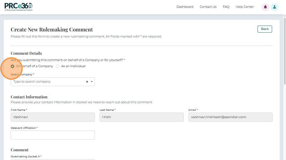 Company name selection for rulemaking comment