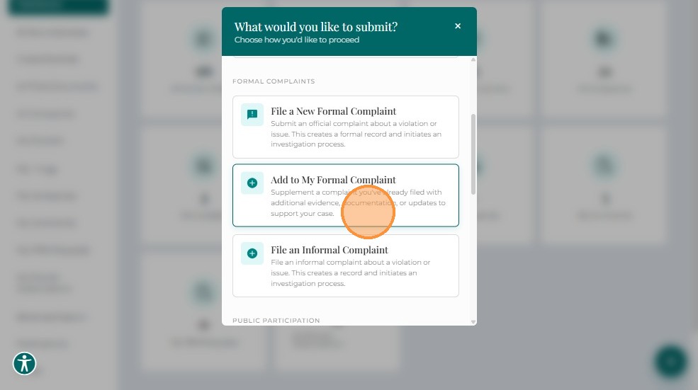Submit New menu with File Into Formal Complaint option