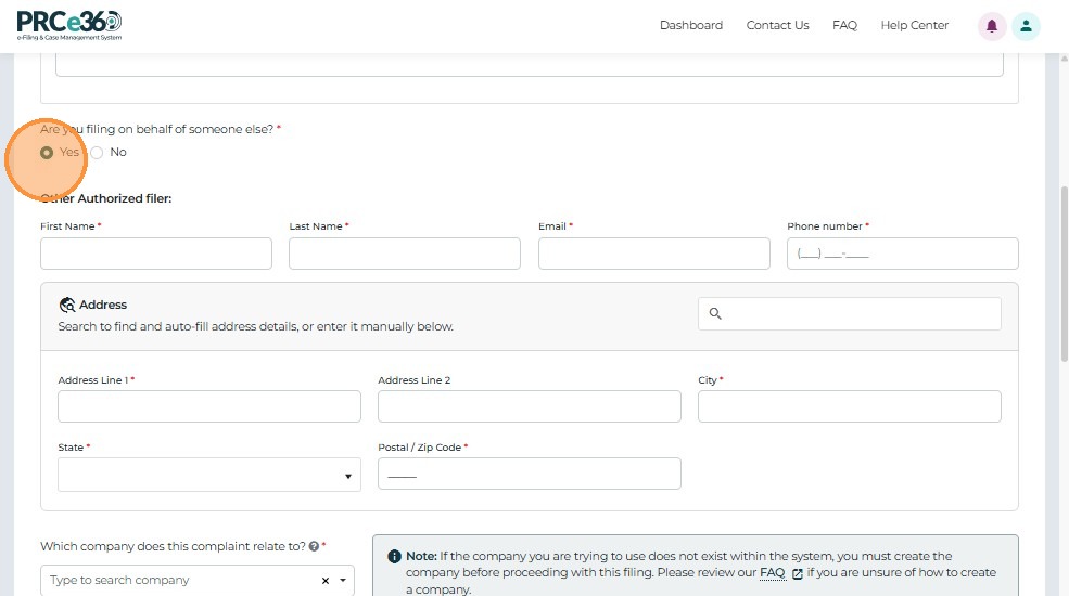 Filing on behalf of another - Yes