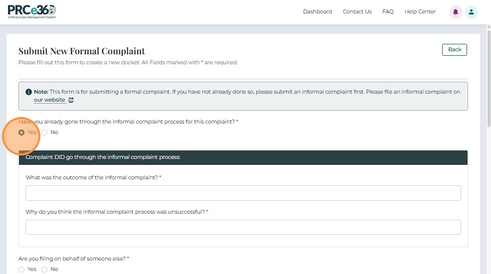 Informal complaint Yes option