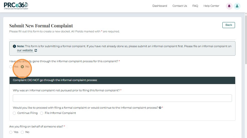 Informal complaint No option