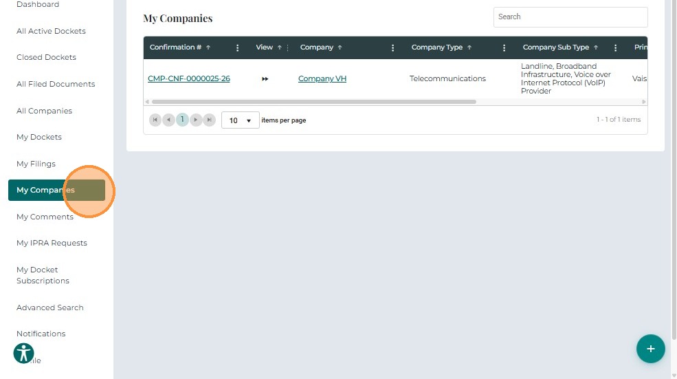 Approved company record in dashboard