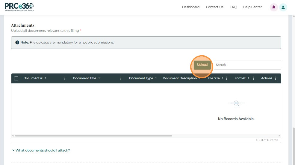 Upload button and attachments section