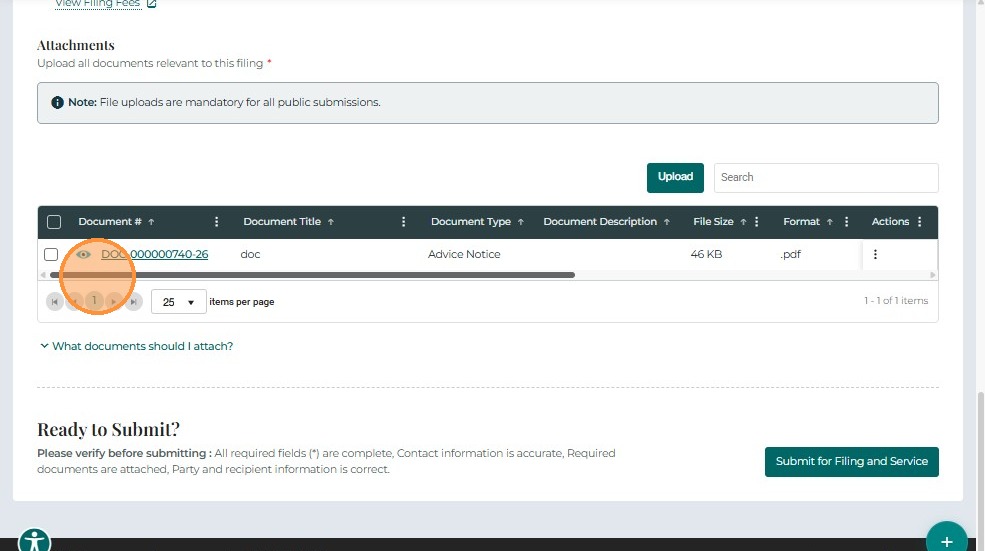 Attachments grid with actions menu