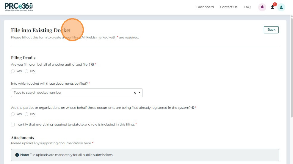 File Into Existing Docket screen