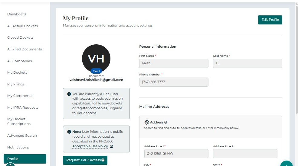 Profile page view for Tier 1 user