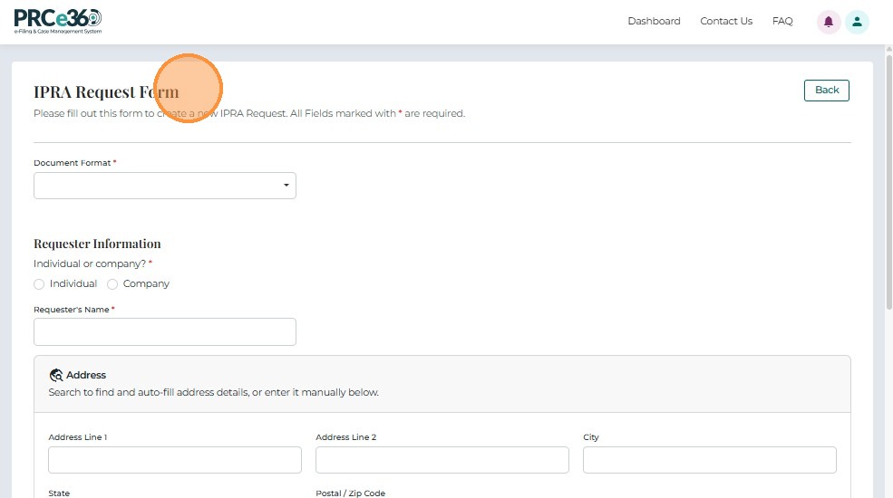 IPRA Request form screen