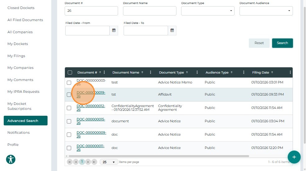 Document search results grid