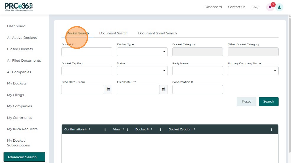 Docket search filters