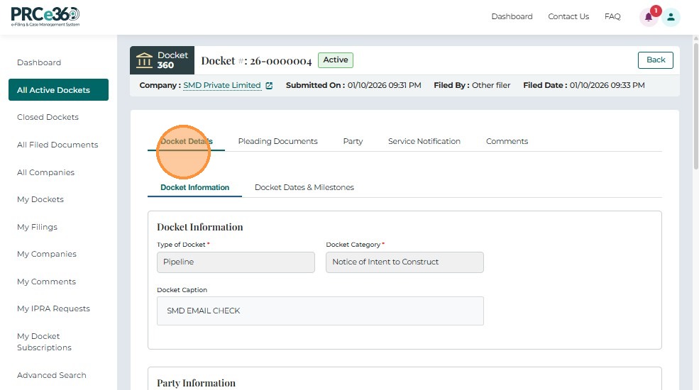 Docket Details Tab