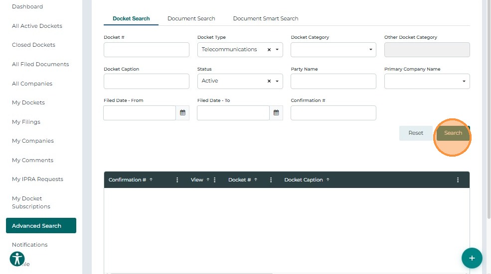 Docket search action buttons