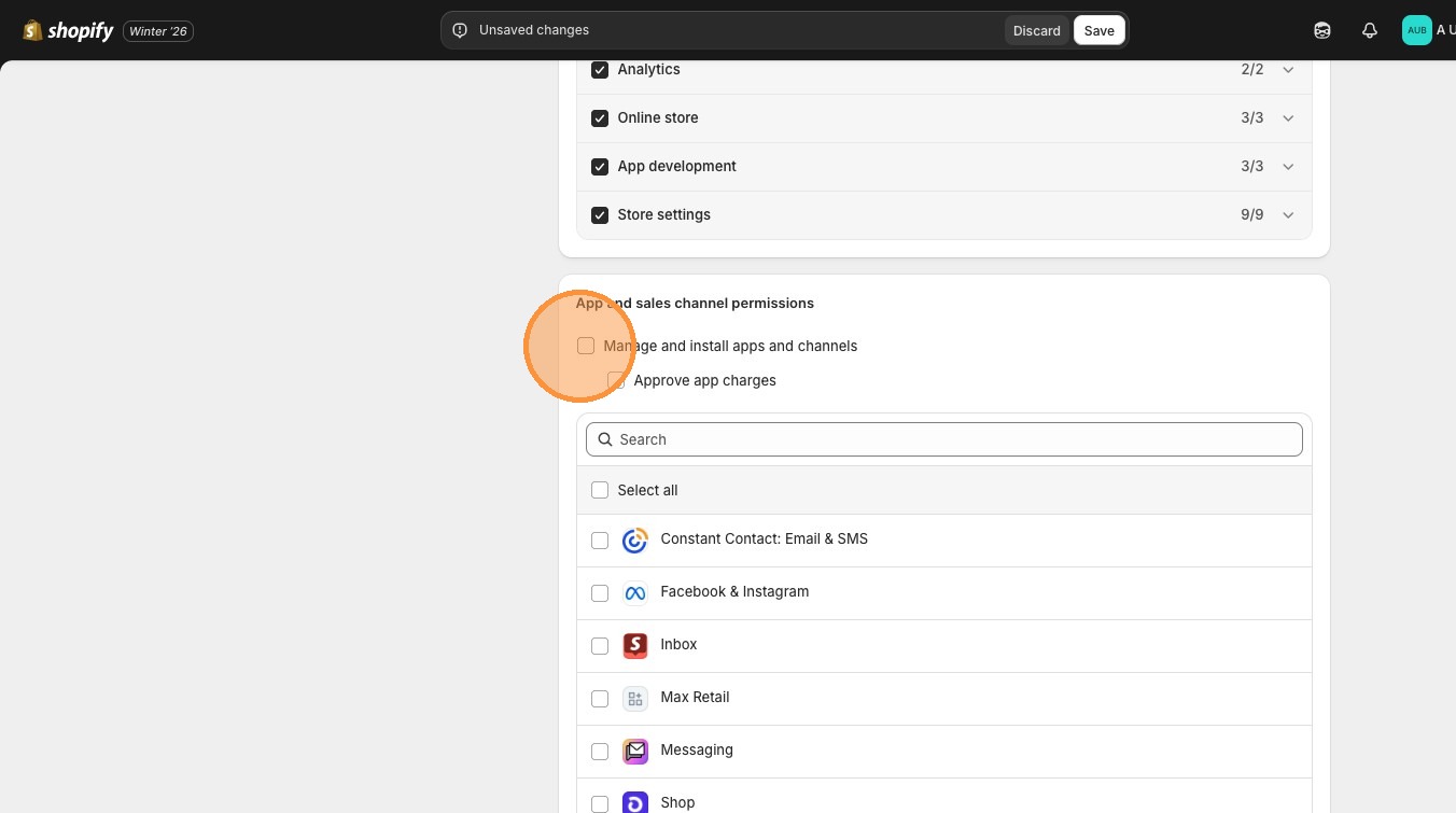 Shopify app permissions showing manage and install apps checkbox