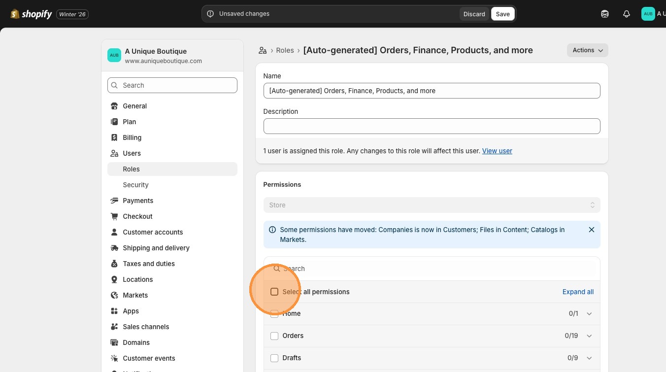 Shopify role permissions showing select all permissions checkbox