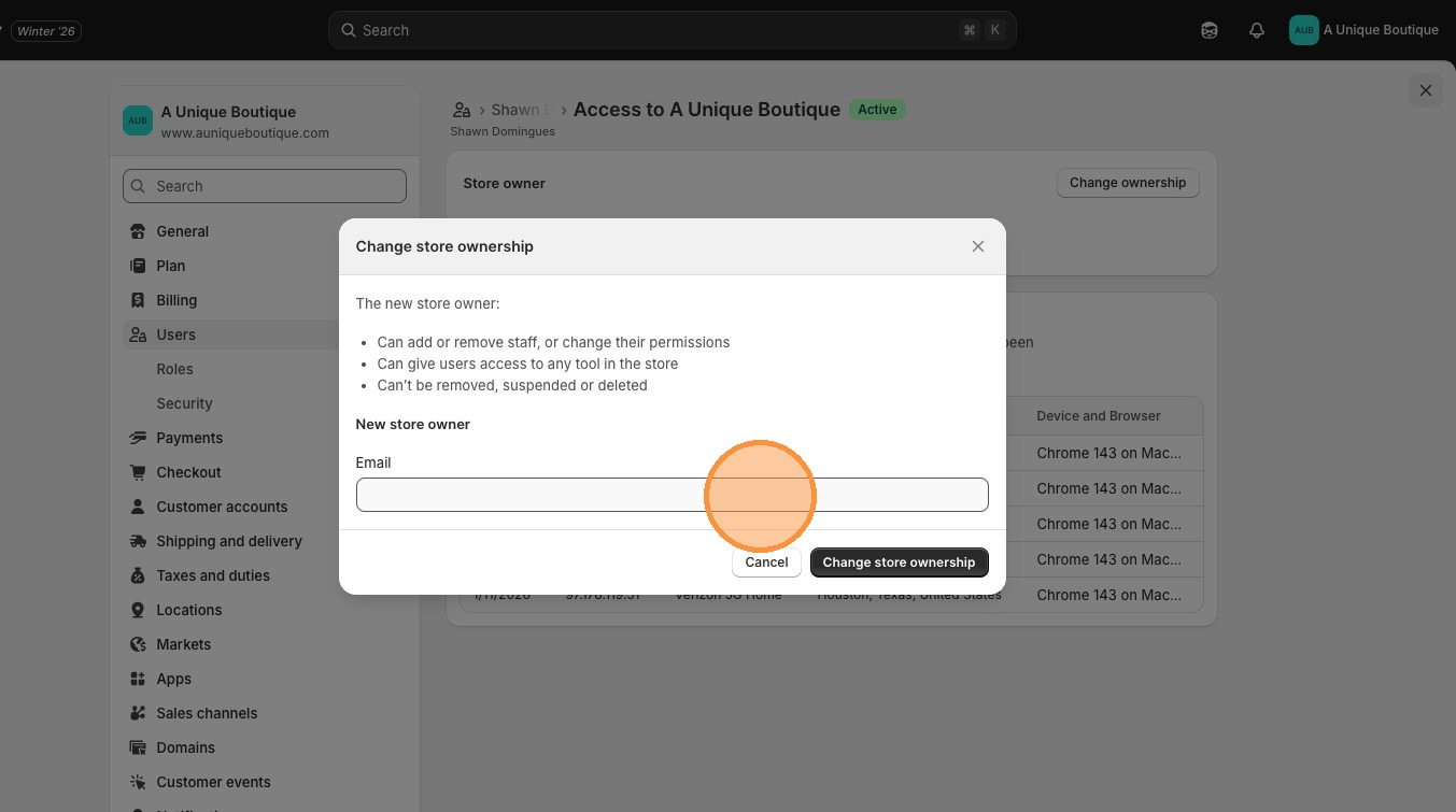 Shopify change store ownership dialog box