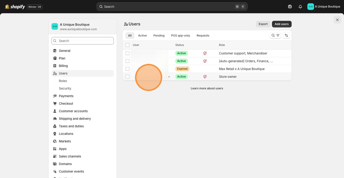 Shopify users list showing store owner account