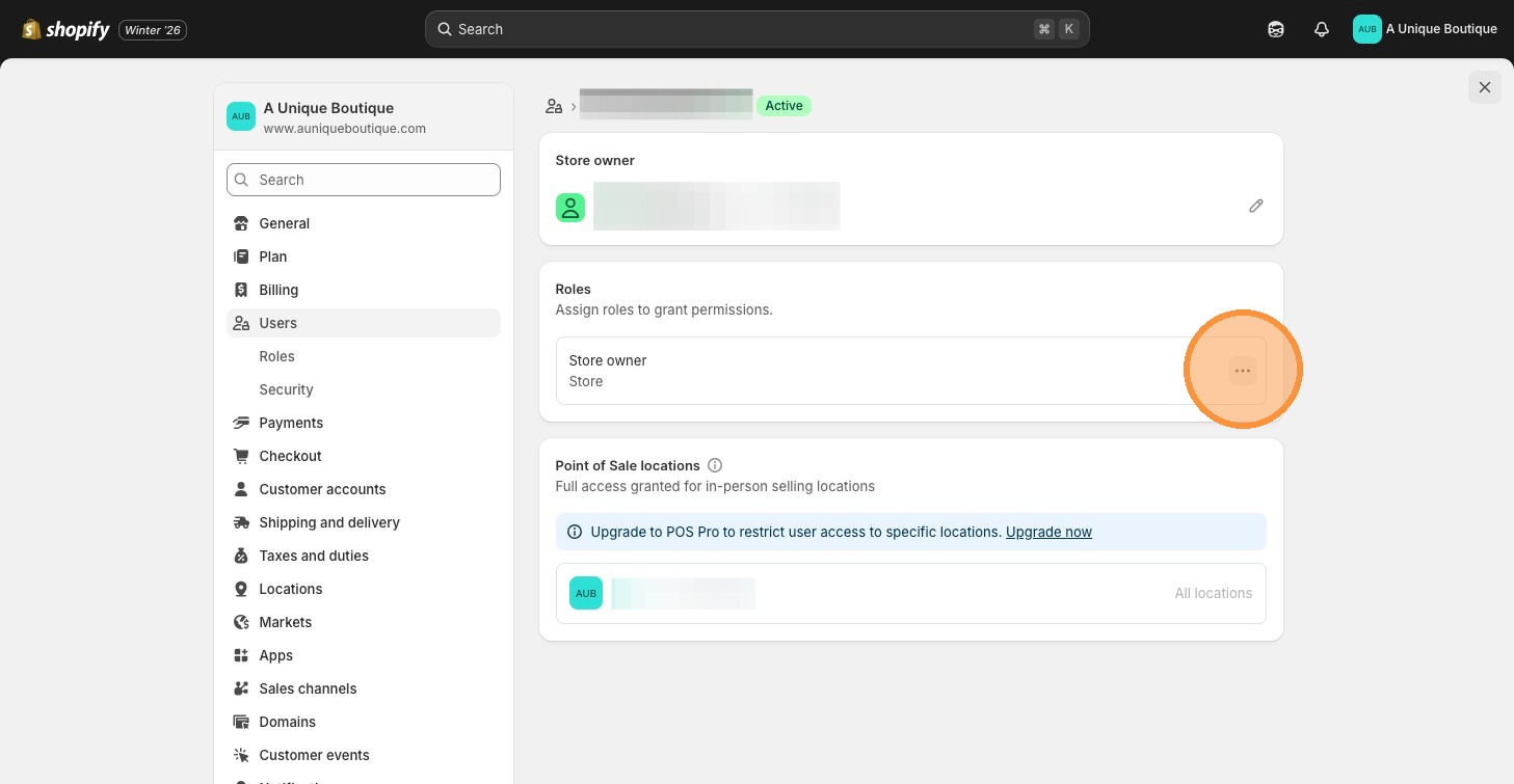 Shopify user menu showing three dots next to store owner role