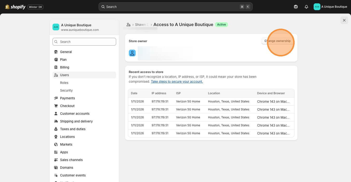 Shopify change ownership button
