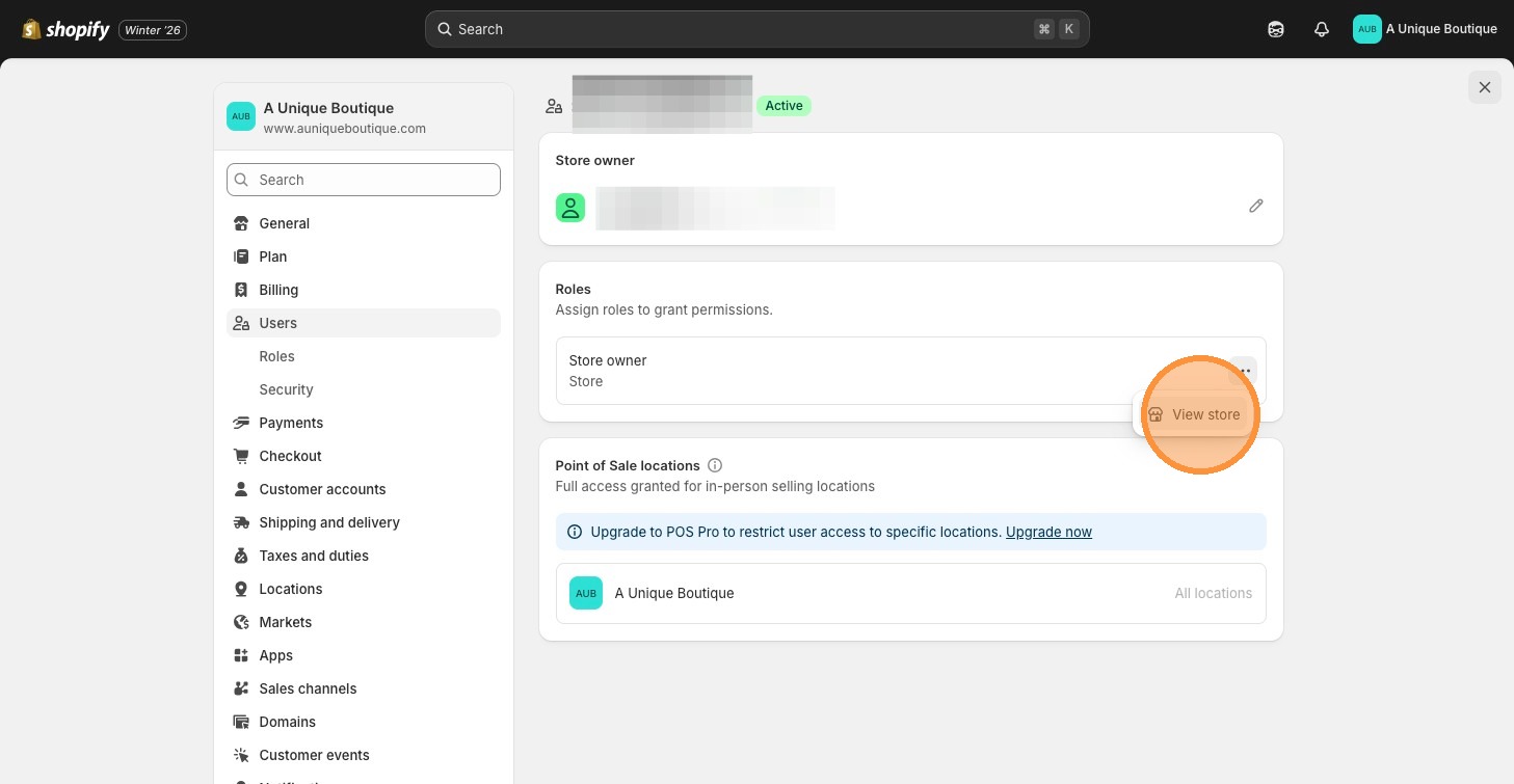 Shopify view stores dropdown menu