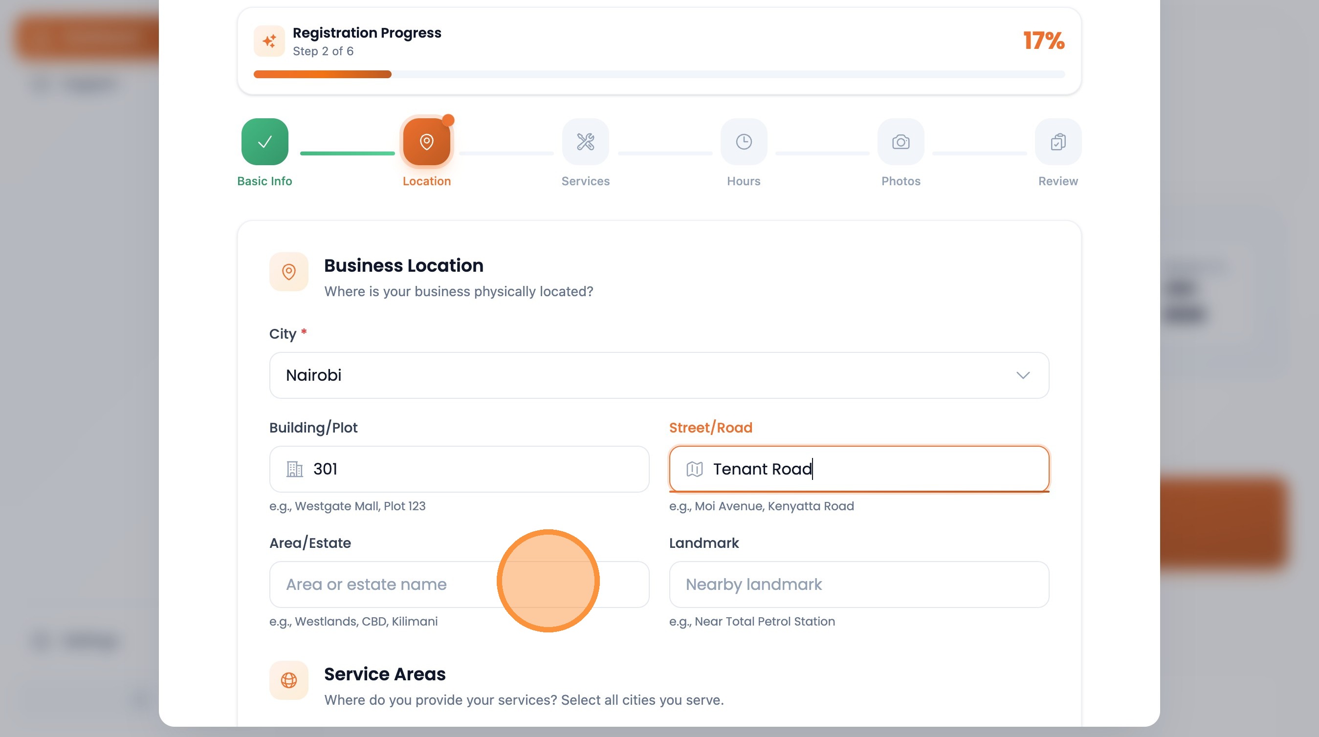 Step 15: Enter the area or estate name
