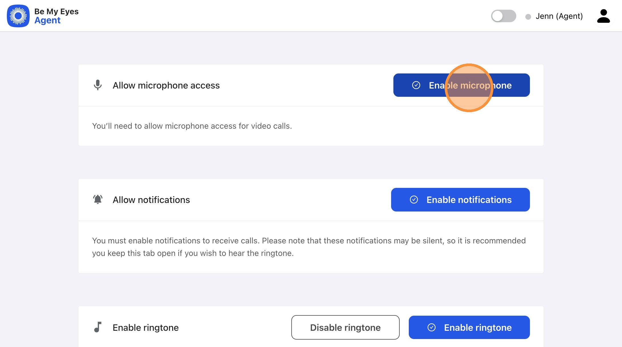 A screenshot of the Be My Eyes Agent Dashboard. The section labeled 'Allow microphone access' is visible, and the blue button labeled 'Enable microphone' is circled in orange to indicate where to click.