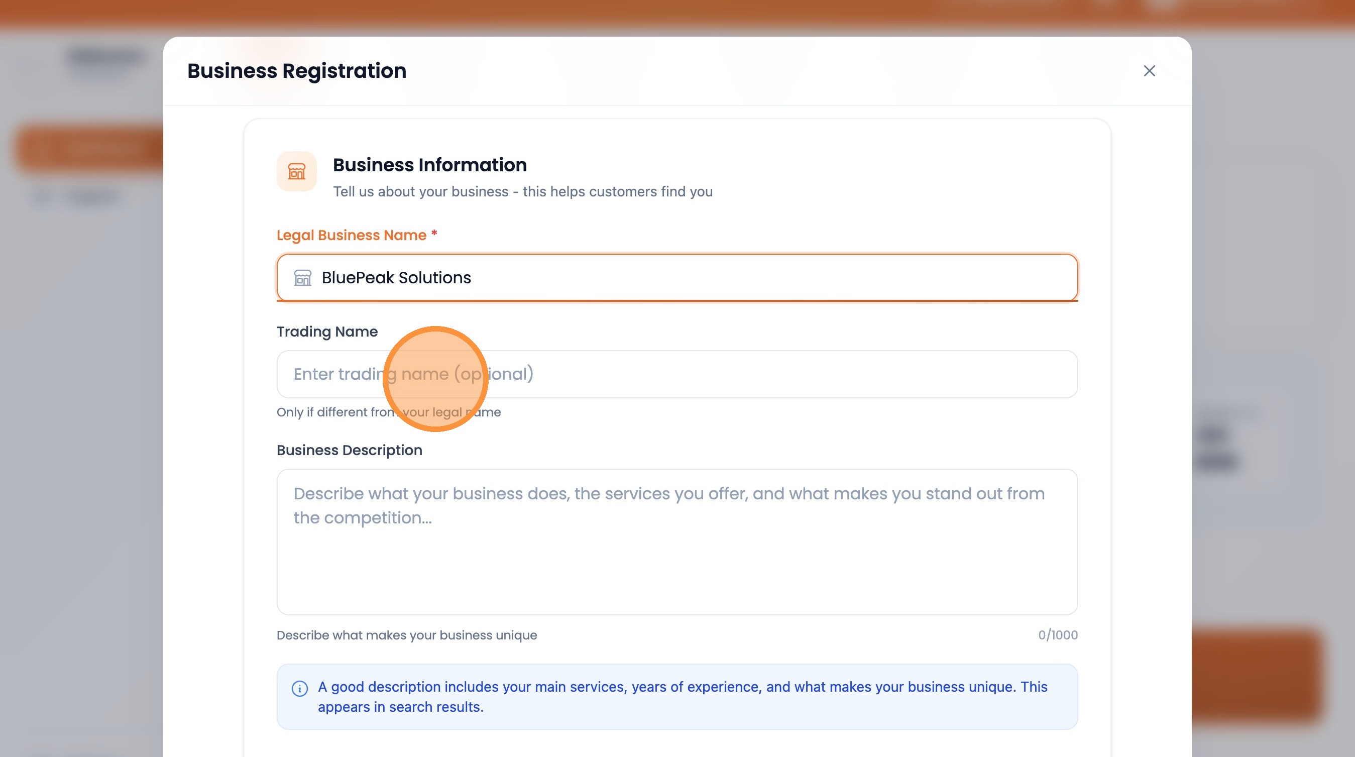 Step 6: Enter trading name (optional)
