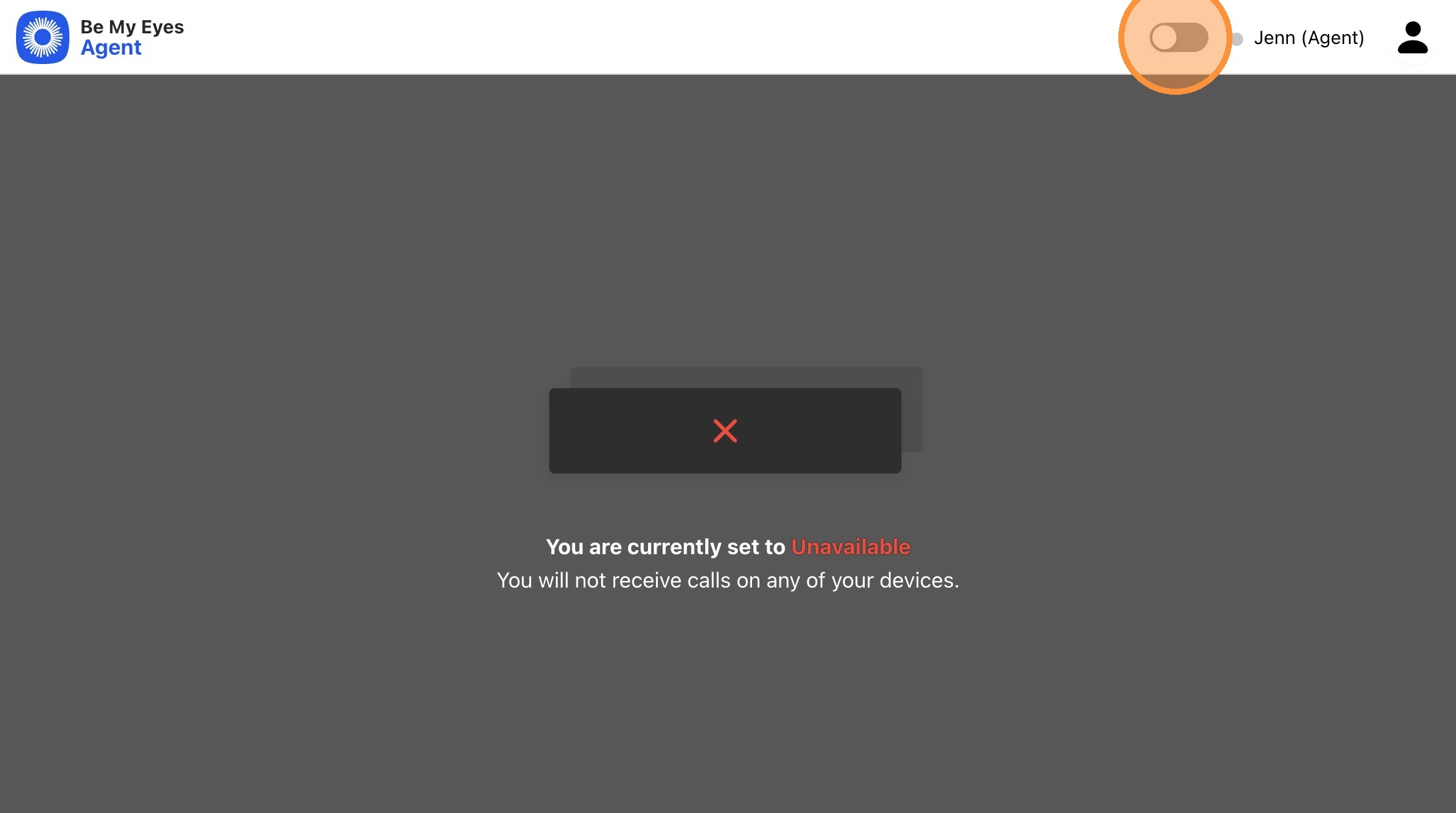 A screenshot of the agent dashboard showing an 'Unavailable' status, indicated by a dark screen and red text. The toggle switch in the top right corner is circled in orange to show where to click to go online.