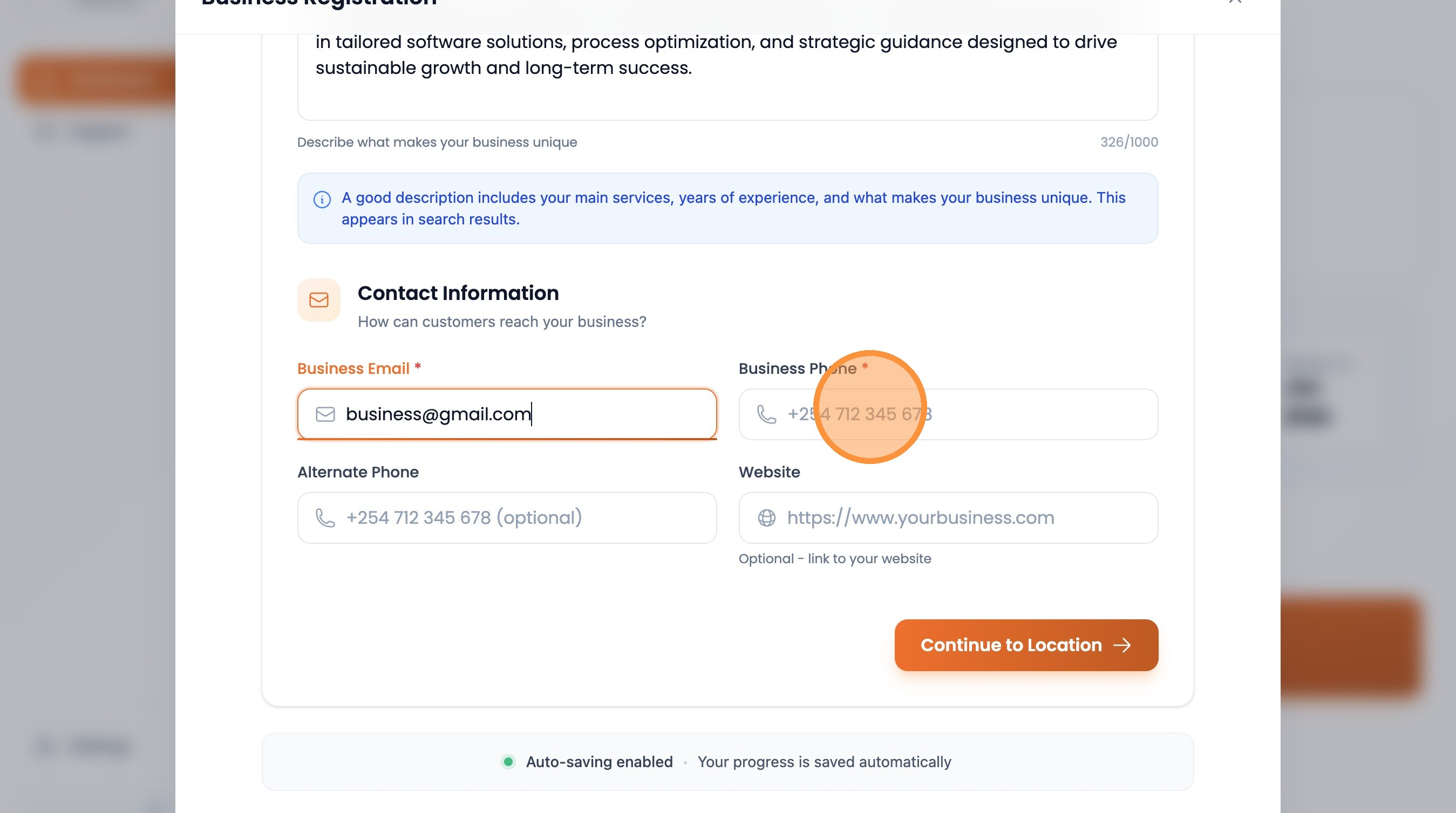 Step 9: Enter your business phone number