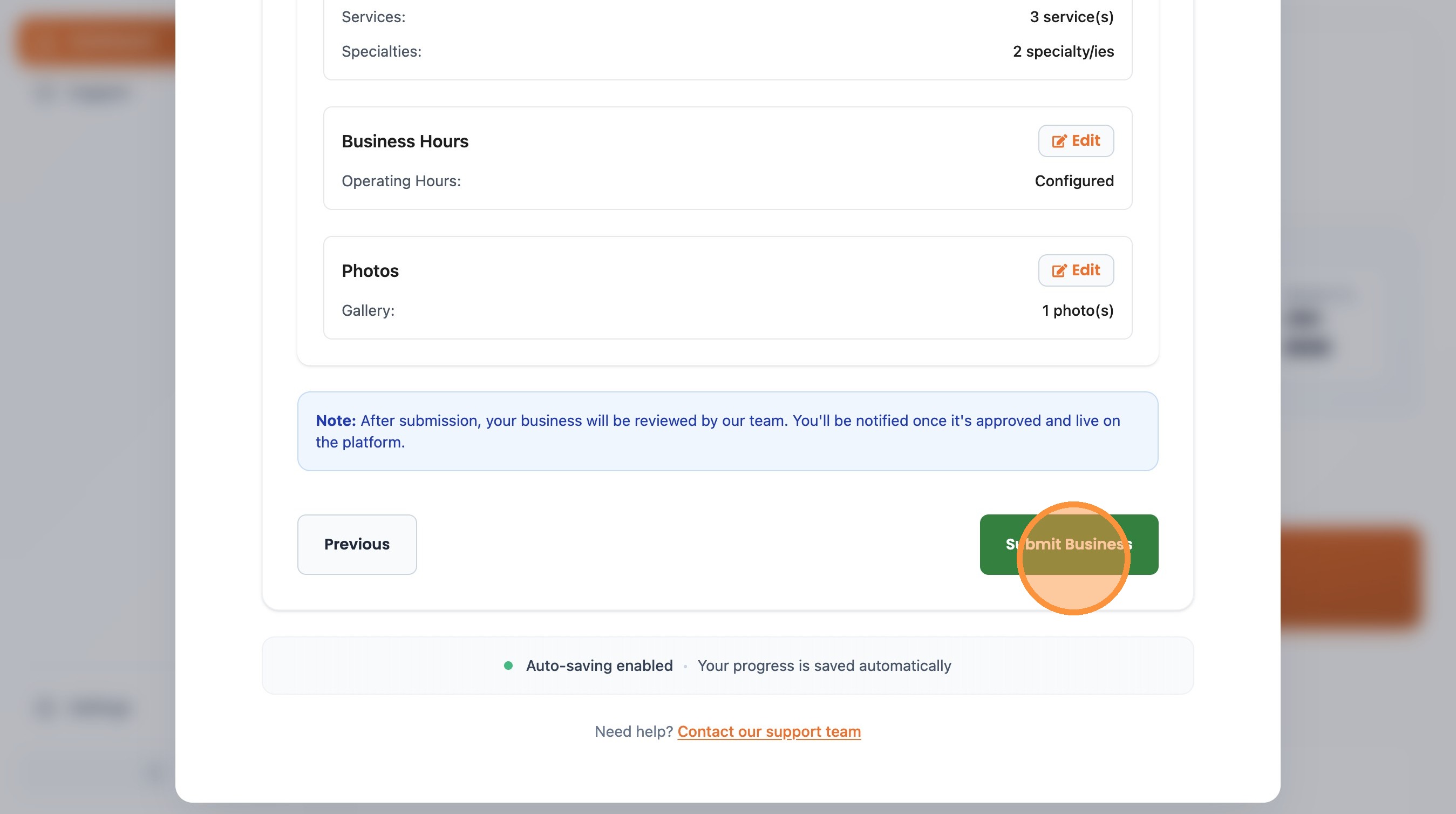 Step 28: Click "Submit Business"